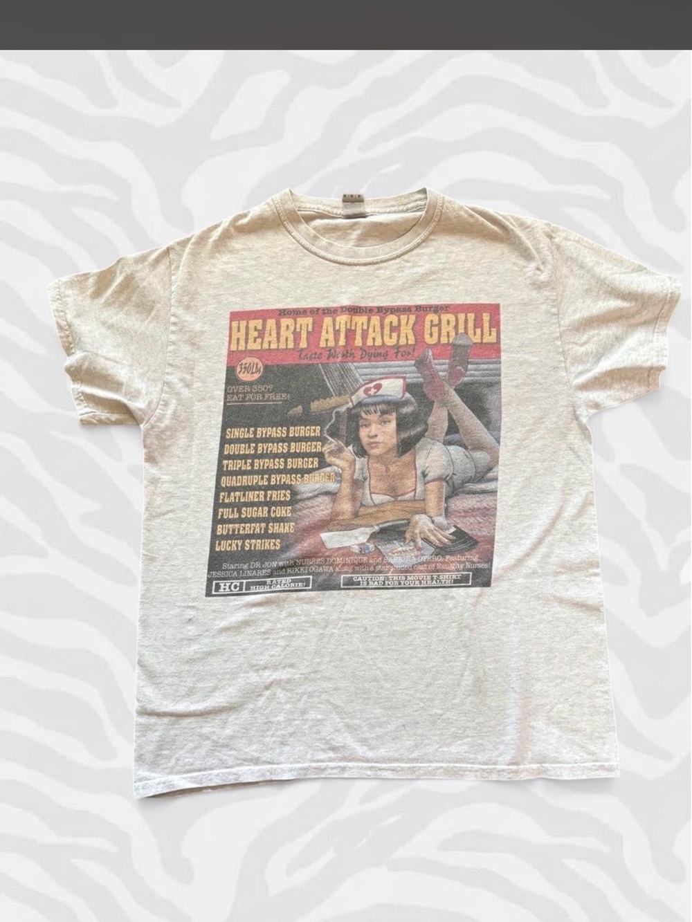Gildan Cream Graphic Tee with Retro 'Heart Attack Grill' Print